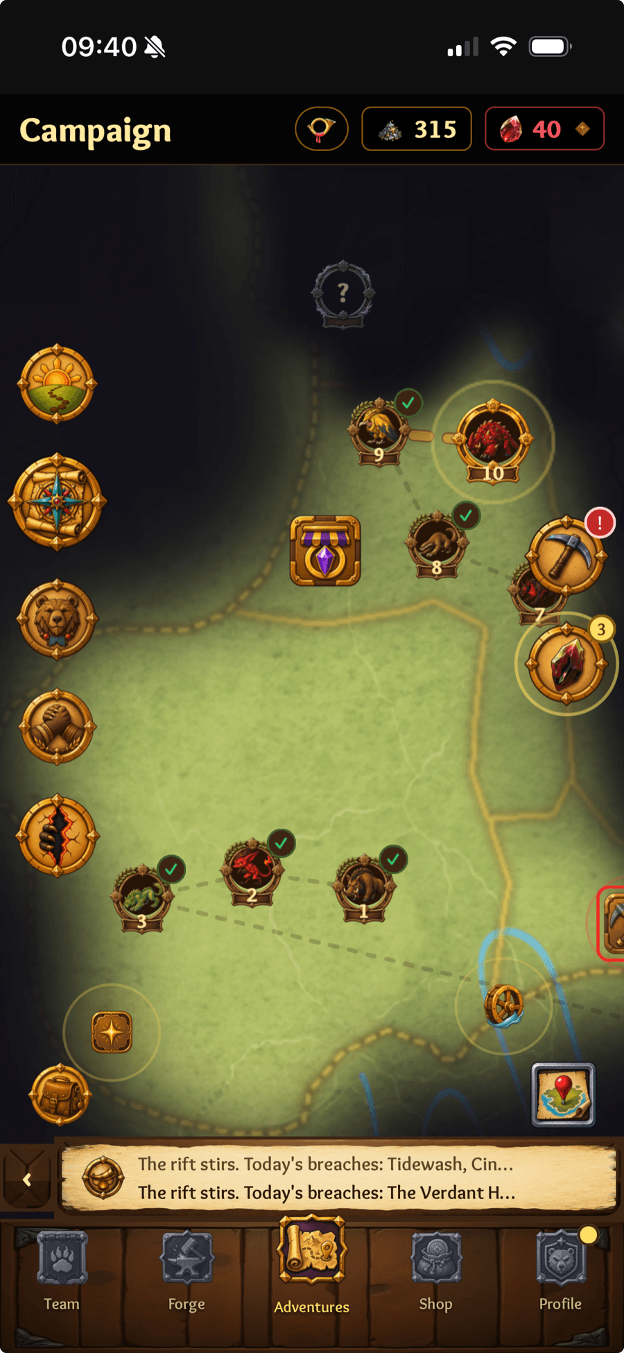 Campaign map on a phone, showing numbered chapter nodes across a region, currency counters in the header, and the main navigation along the bottom.