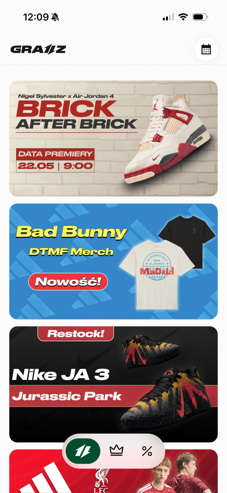 Grailz home screen on a phone, showing stacked drop banners for sneaker and merch releases, a release date on the top banner, and the storefront switcher floating over the bottom of the screen.
