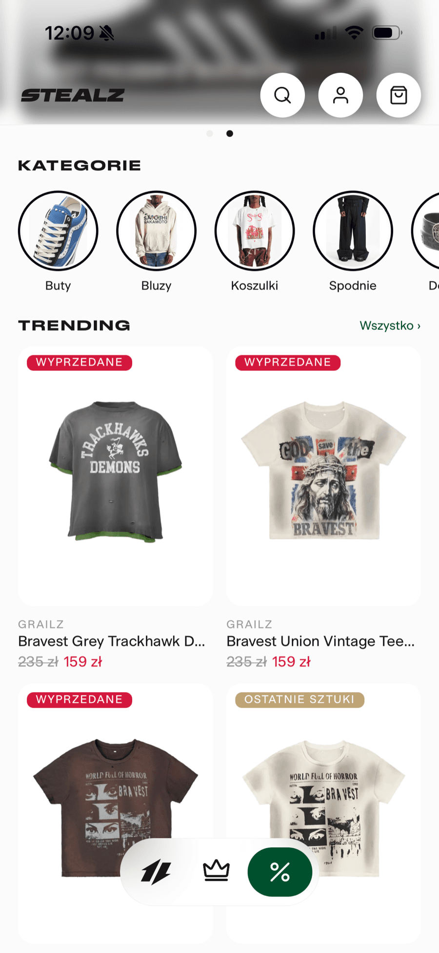 The Stealz discount storefront on a phone, showing round category tiles for shoes, hoodies, t-shirts, and trousers above a trending grid where products carry sold out and last pieces badges and cut prices.
