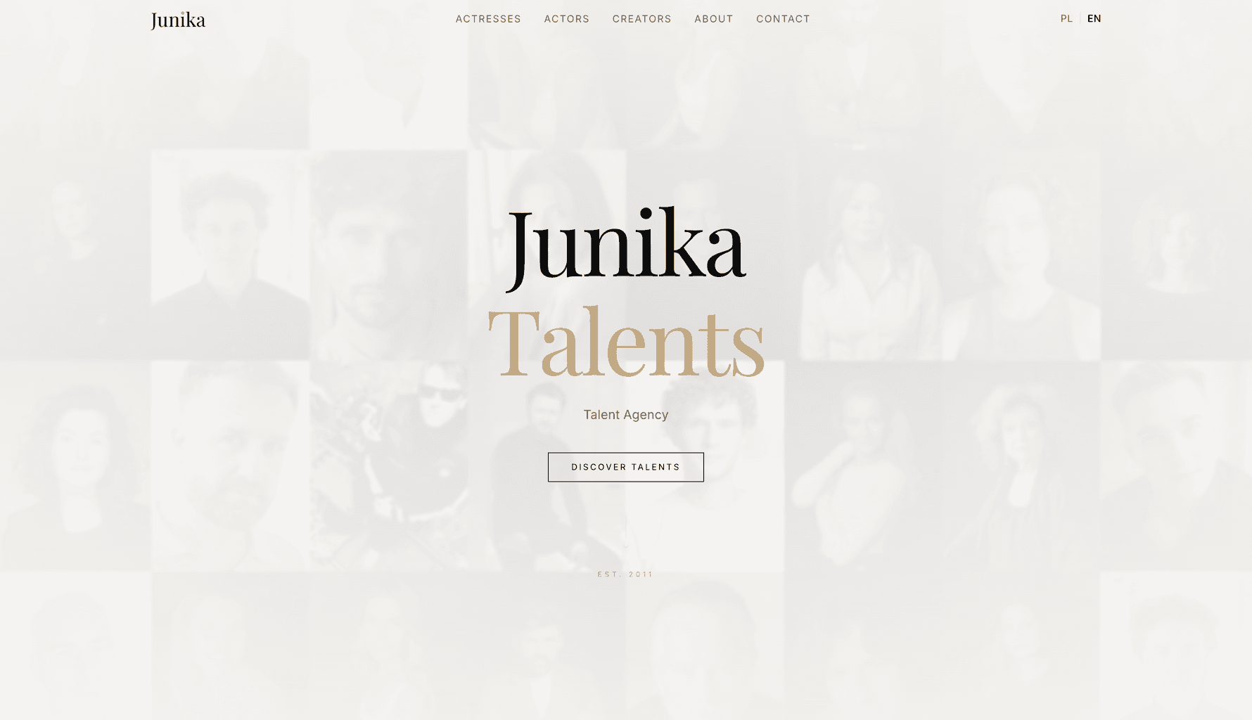 Junika Talents home page, with the agency name set over a faded grid of headshots and navigation across actresses, actors, creators, about, and contact.