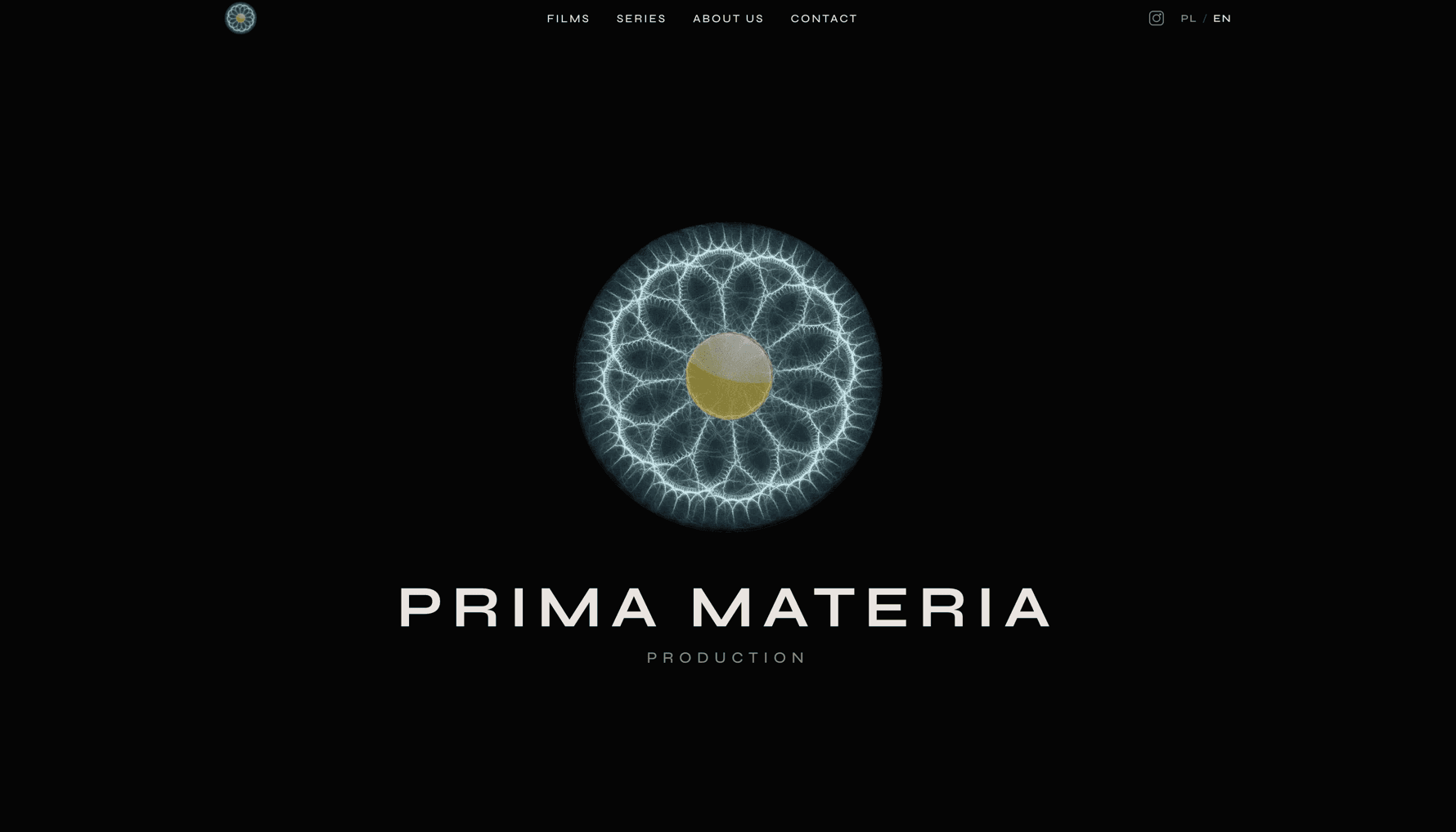 Prima Materia home page, with the studio's circular mark centered on a black field above the studio name.